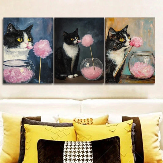 3pcs Kitty Eating Marshmallow Classic Modern Style Metal Print Ready to Hang Art