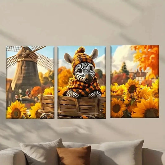 3pcs Zebra in a Wagon with Sunflowers Wall Art Set Canvas Framed 40x60cm - High Quality Print 100% Australian Made Wall Canvas Ready to Hang