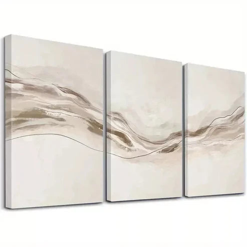 3pcs Beige Wavy Lines Artwork Canvas Framed 60x90cm - High Quality Print 100% Australian Made Wall Canvas Ready to Hang