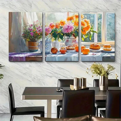 3pcs Life Breakfast Scene Painting G Wall Art Set Canvas Framed 50x70cm - High Quality Print 100% Australian Made Wall Canvas Ready to Hang