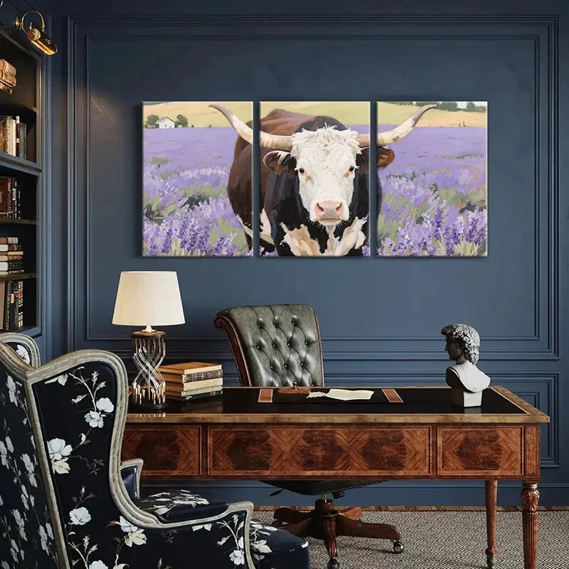 3pcs Cow Art Print Lavender Field Landscape Metal Print Ready to Hang Art