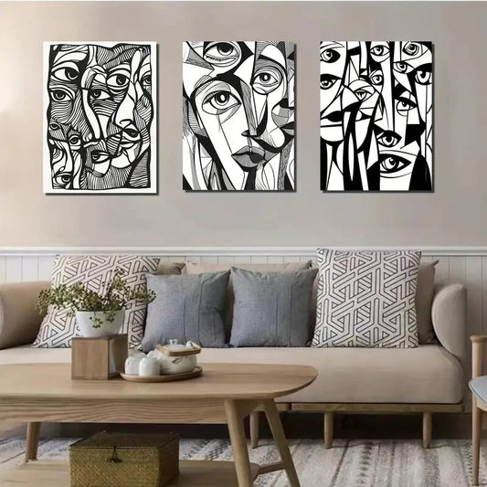 3pcs Abstract Humanist Black and White Metal Print Ready to Hang Art