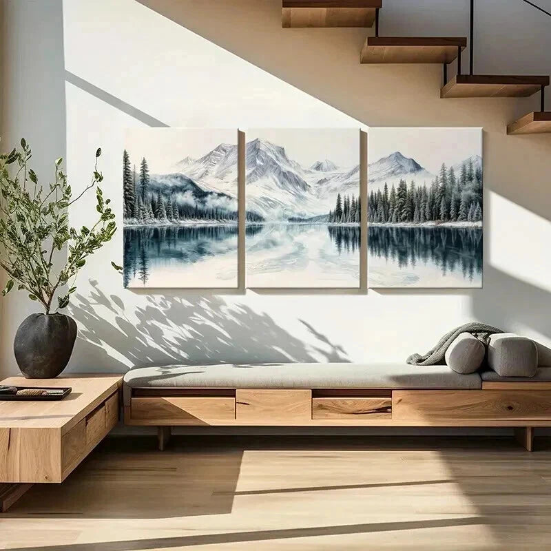 3pcs Snowy Mountains Serene Lake & Pine Trees Wall Art Set Canvas Framed 40x60cm - High Quality Print 100% Australian Made Wall Canvas Ready to Hang