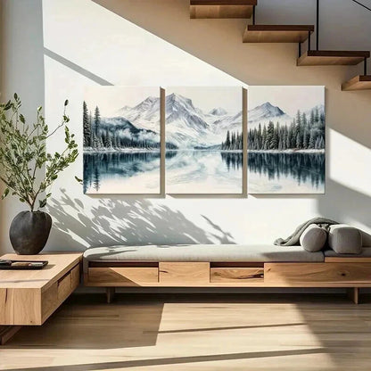 3pcs Snowy Mountains Serene Lake & Pine Trees Wall Art Set Canvas Framed 40x60cm - High Quality Print 100% Australian Made Wall Canvas Ready to Hang