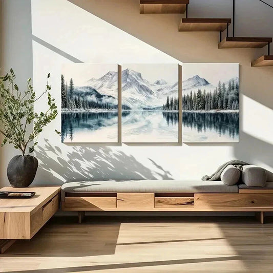 3pcs Snowy Mountains Serene Lake & Pine Trees Wall Art Set Canvas Framed 40x60cm - High Quality Print 100% Australian Made Wall Canvas Ready to Hang
