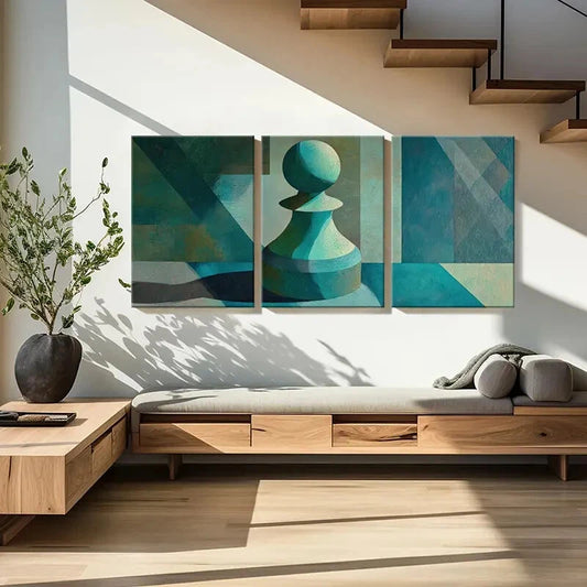 3pcs Abstract Chess Piece Geometric Patterns Blue Metal Print Ready to Hang Art