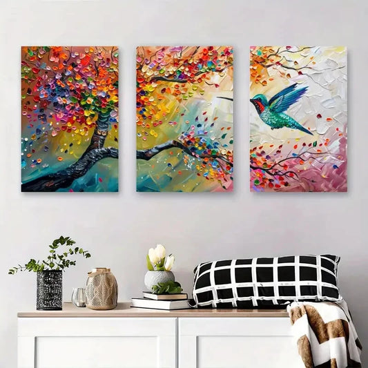 3pcs Vibrant Floral Tree & Hummingbird Nature Metal Print Ready to Hang Art