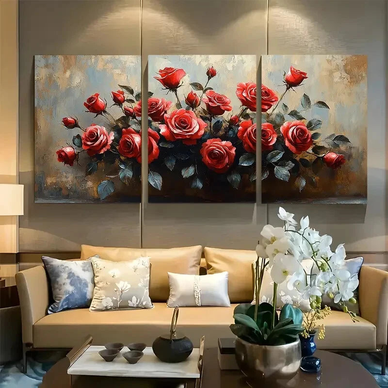 3pcs Elegant Red Rose Bouquet Metal Print Ready to Hang Art