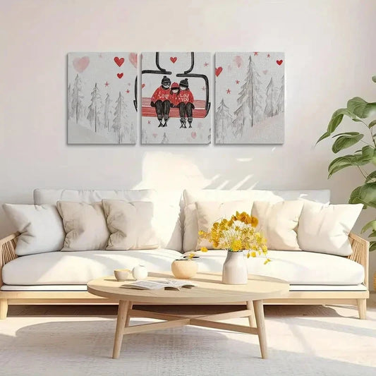 3pcs Paintings of Skiers on a Chairlift Metal Print Ready to Hang Art