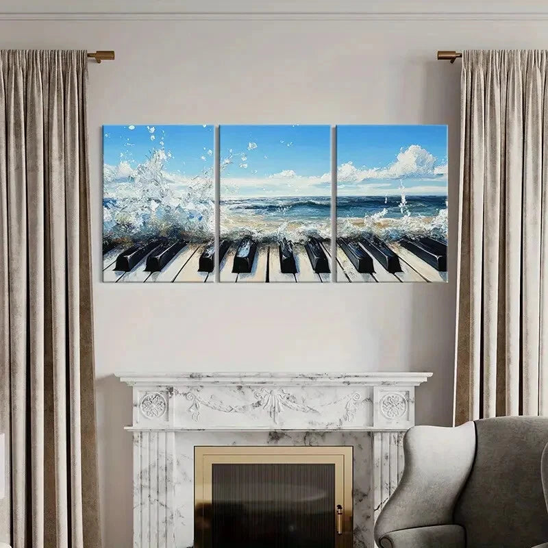 3pcs Ocean Waves Piano Keys Artwork Coastal Deco Metal Print Ready to Hang Art