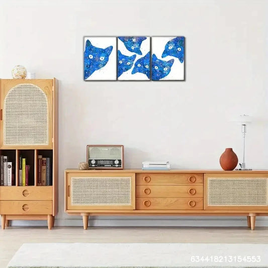 3pcs Adorable Blue Cat Cartoon Feline Design Metal Print Ready to Hang Art