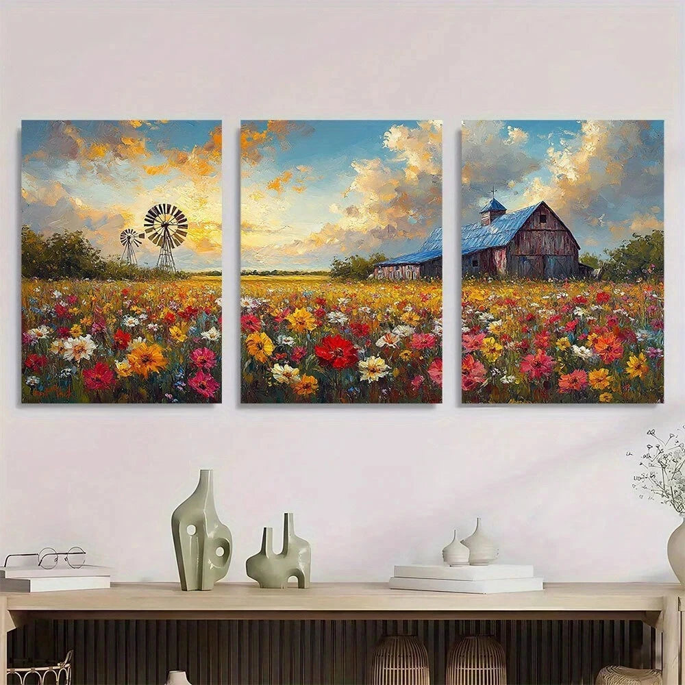 3pcs Vibrant Farm Barn Flower Field Windmill Metal Print Ready to Hang Art