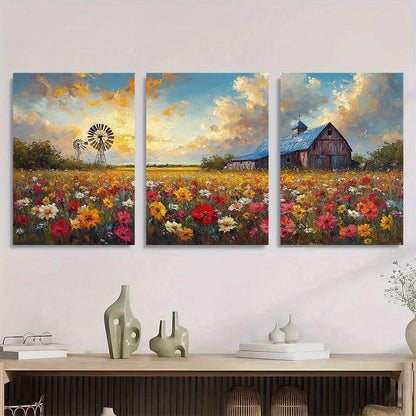 3pcs Vibrant Farm Barn Flower Field Windmill Metal Print Ready to Hang Art