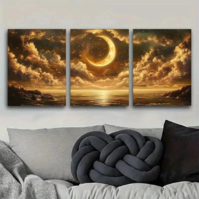 3pcs Golden Moon & Stars Reflecting Metal Print Ready to Hang Art