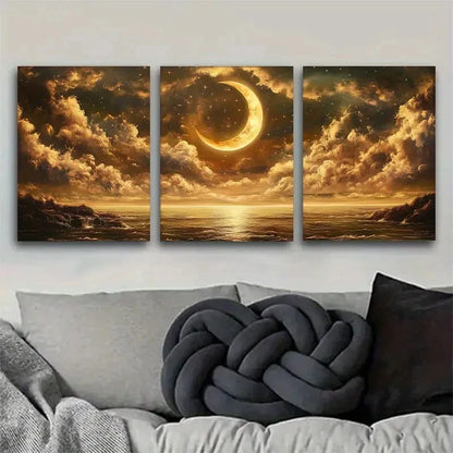 3pcs Golden Moon & Stars Reflecting Metal Print Ready to Hang Art