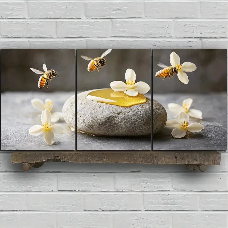 3pcs Bees on Osmanthus Painting Metal Print Ready to Hang Art