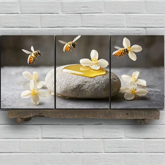 3pcs Bees on Osmanthus Painting Metal Print Ready to Hang Art