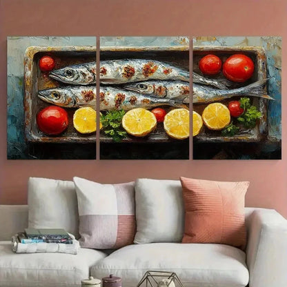 3pcs Sardine Seafood Fish Impasto Design Metal Print Ready to Hang Art