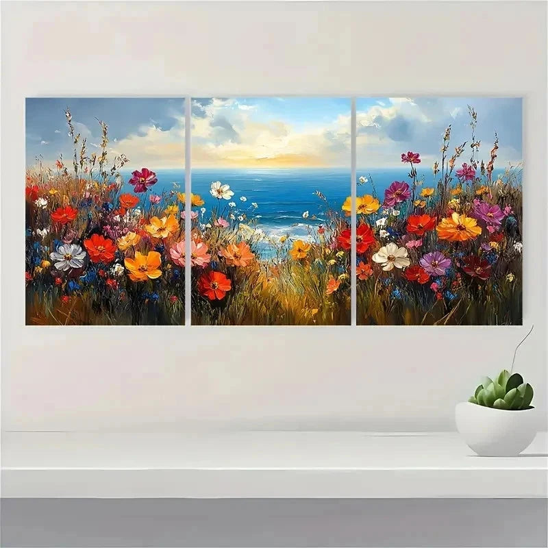3pcs Wildflower Floral Seasidec Landscape Perfect Wall Art Set Canvas Framed 50x70cm - High Quality Print 100% Australian Made Wall Canvas Ready to Hang