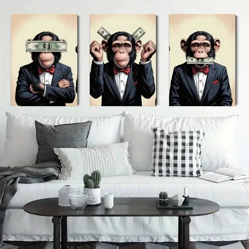 3pcs Monkey Money Tuxedo Animal Painting Metal Print Ready to Hang Art
