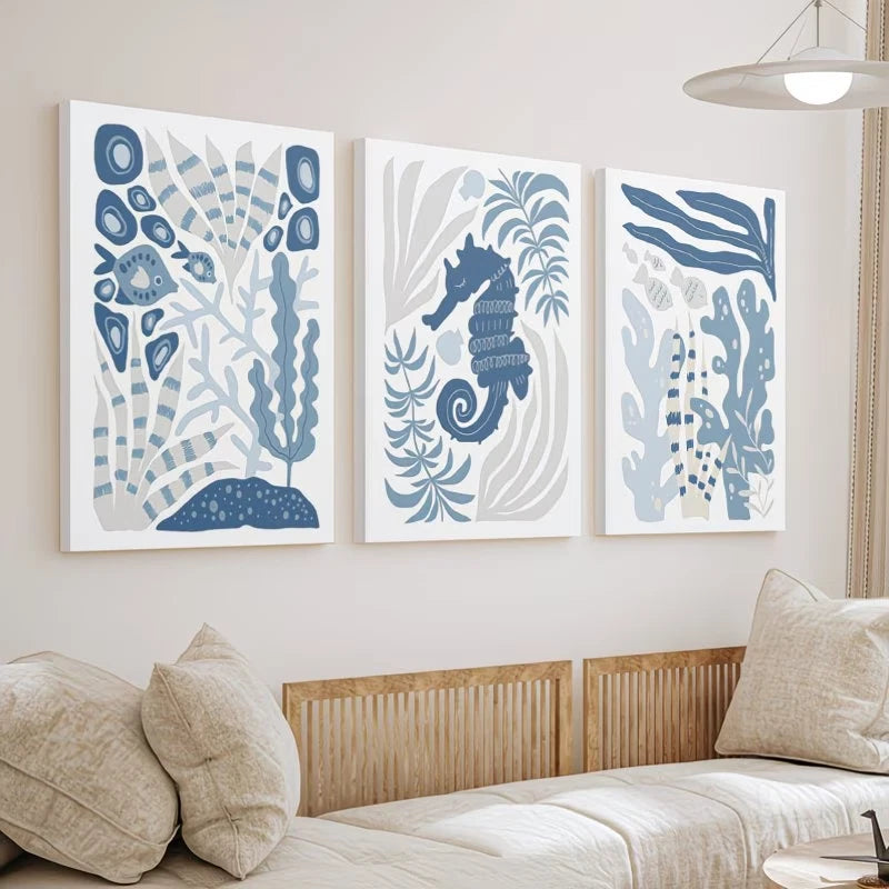 3pcs Blue Gray Underwater Ocean Scene Wall Art Set Canvas Framed 60x90cm - High Quality Print 100% Australian Made Wall Canvas Ready to Hang