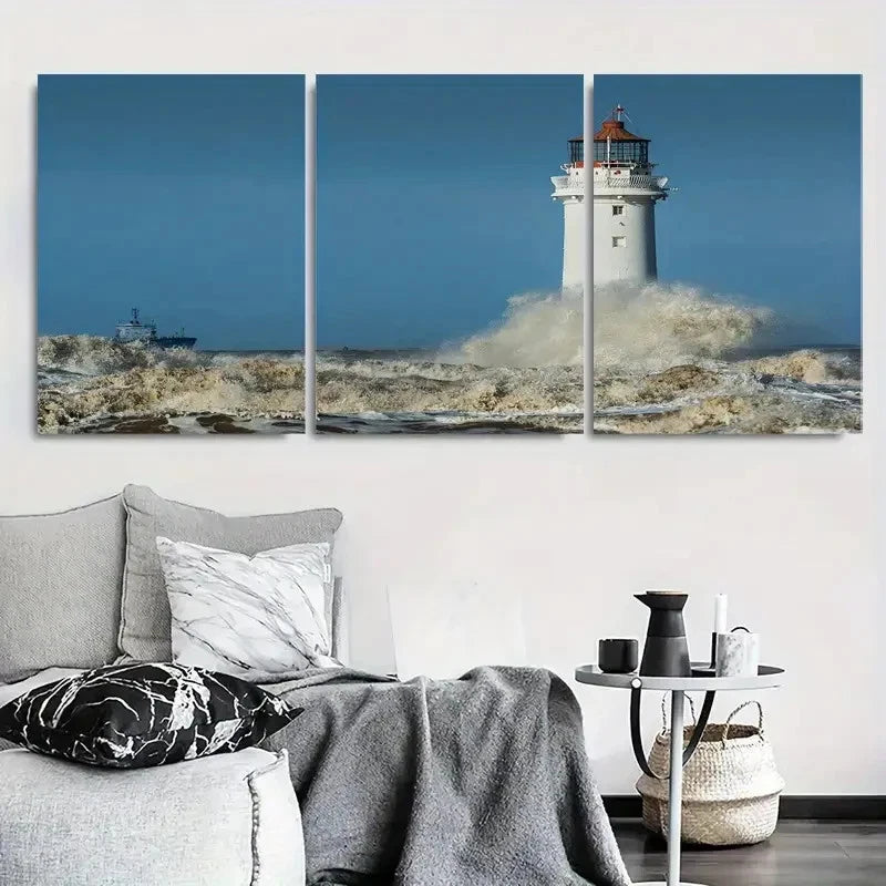3pcs Lighthouse and Waves Coastal Metal Print Ready to Hang Art