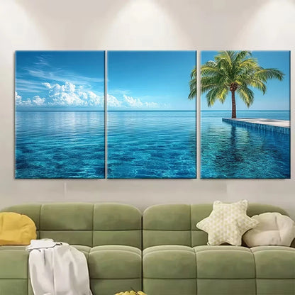 3pcs Tranquil Palm Tree Infinity Pool Metal Print Ready to Hang Art