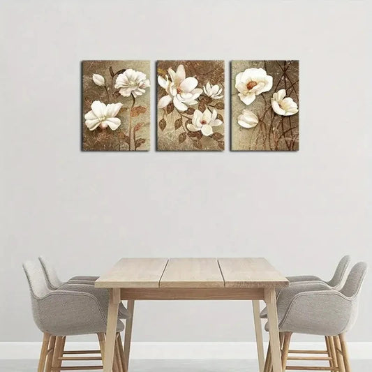 3pcs Vintage Floral White Blossom & Green Leaves Metal Print Ready to Hang Art