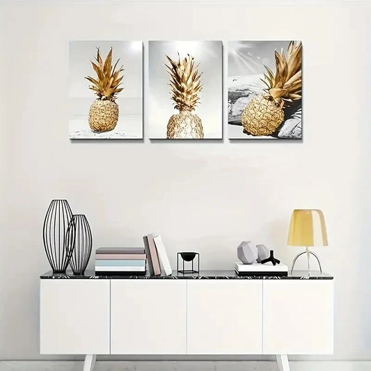 3pcs Golden Pineapple Black and White Oil Painting Metal Print Ready to Hang Art
