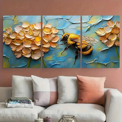 3pcs Vibrant Bee & Clover Flowers Meadow Scene Metal Print Ready to Hang Art