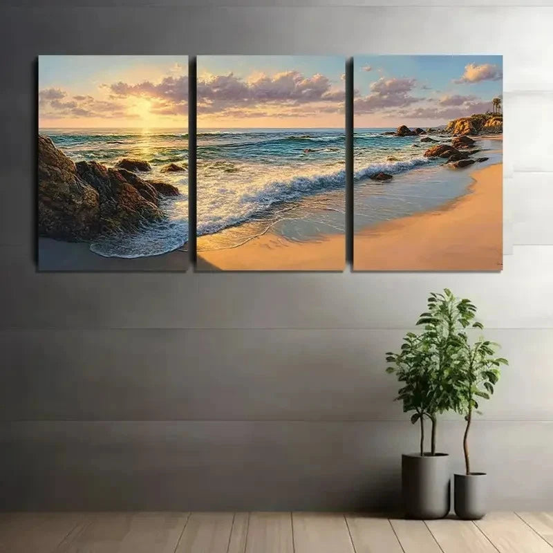 3pcs Panoramic View of The Beach at Sunset Metal Print Ready to Hang Art