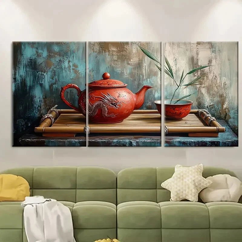 3pcs Red Tea Art Print Clay Teapot Dragon Motifs Metal Print Ready to Hang Art
