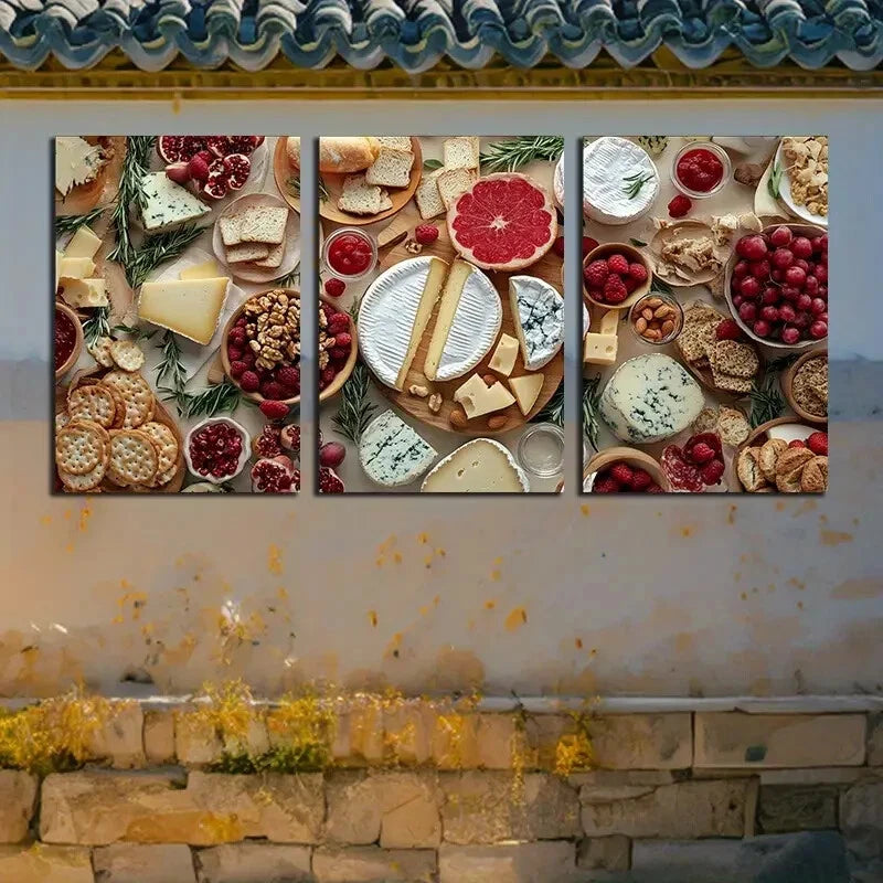 3pcs Gourmet Food and Cheese Platter Design Metal Print Ready to Hang Art