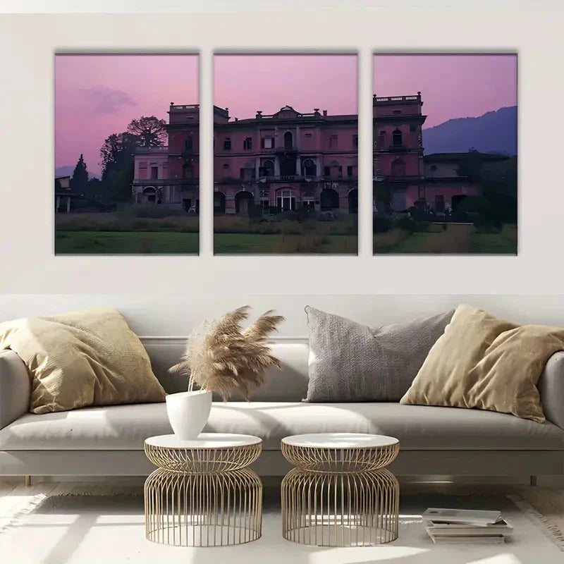 3pcs Charming Rustic Sunset Featuring a Castle Metal Print Ready to Hang Art