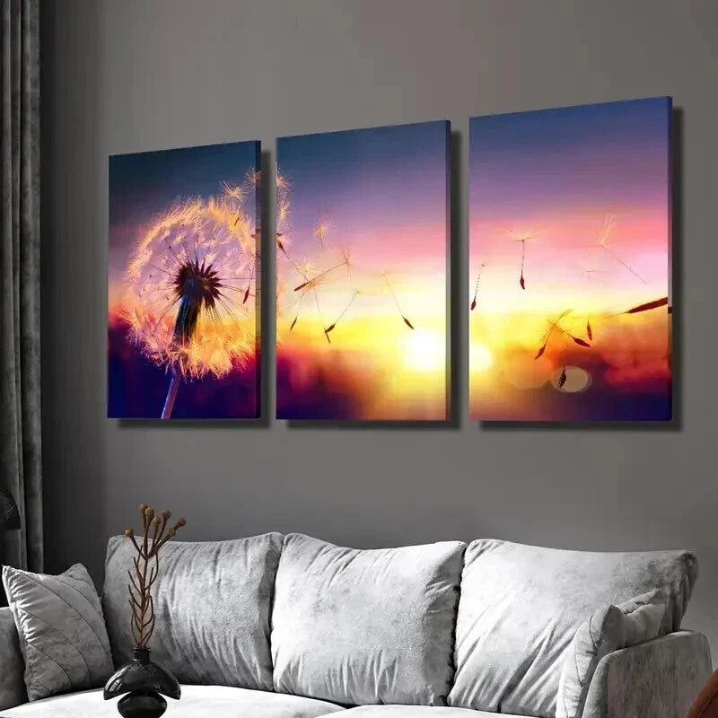 3pcs Dandelion Seeds Flying in Sunset Wall Art Set Canvas Framed 40x60cm - High Quality Print 100% Australian Made Wall Canvas Ready to Hang