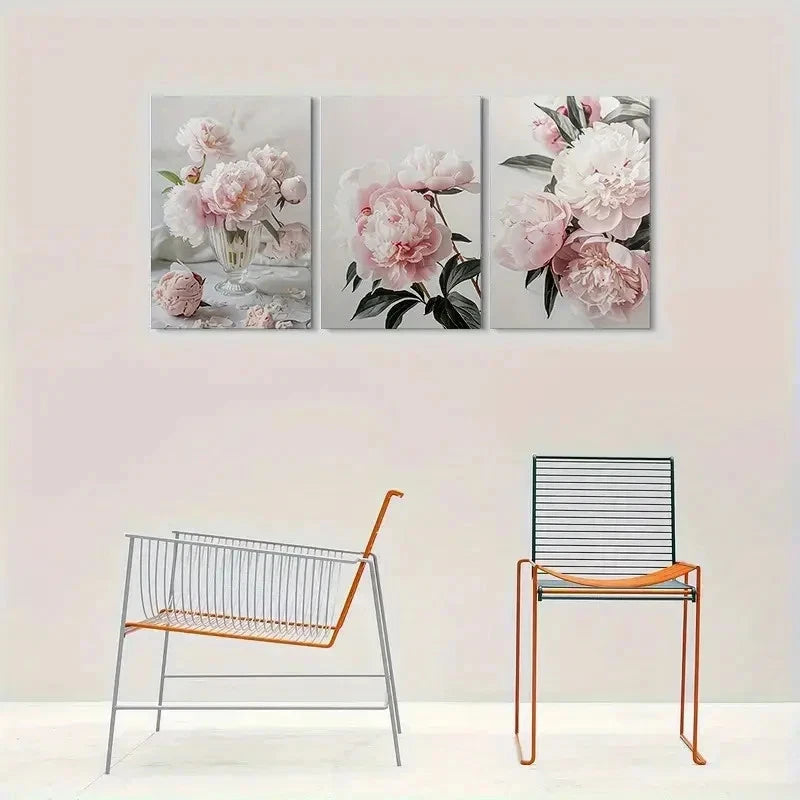 3pcs Peony Floral Pink & White Green Leaves Metal Print Ready to Hang Art