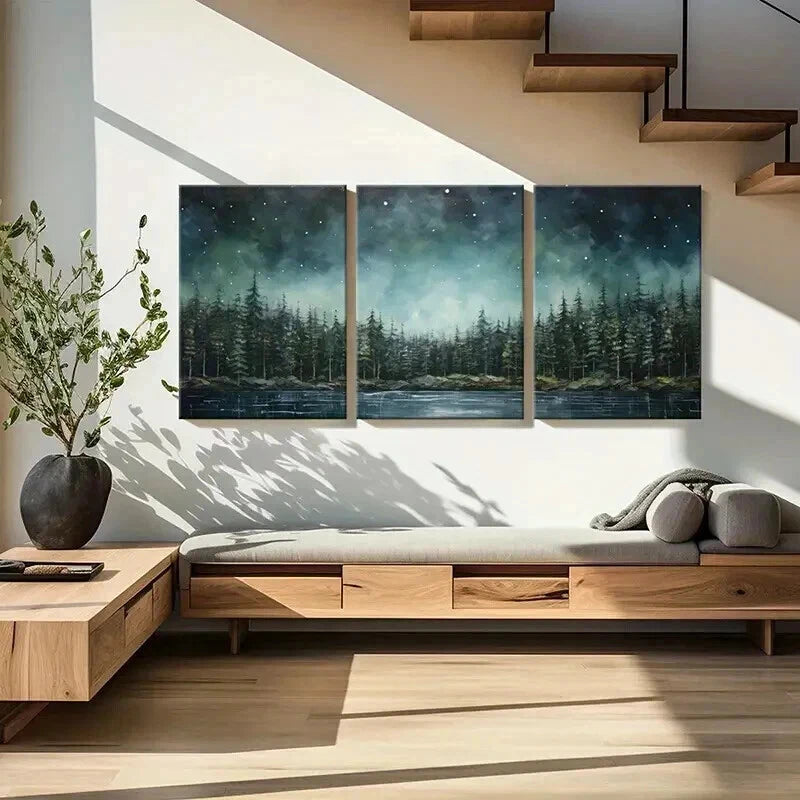 3pcs Starry Night Forest Mystical Landscape Wall Art Set Canvas Framed 40x60cm - High Quality Print 100% Australian Made Wall Canvas Ready to Hang