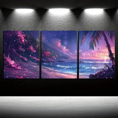 3pcs Vibrant Tropical Beach and Flower Scenery Metal Print Ready to Hang Art