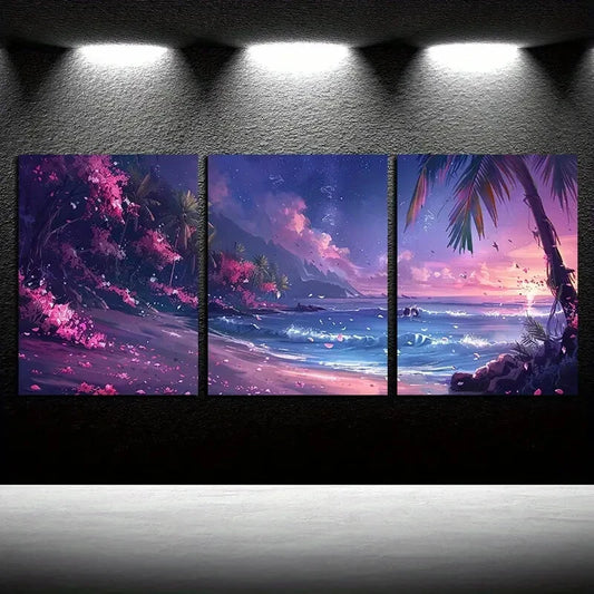 3pcs Vibrant Tropical Beach and Flower Scenery Metal Print Ready to Hang Art