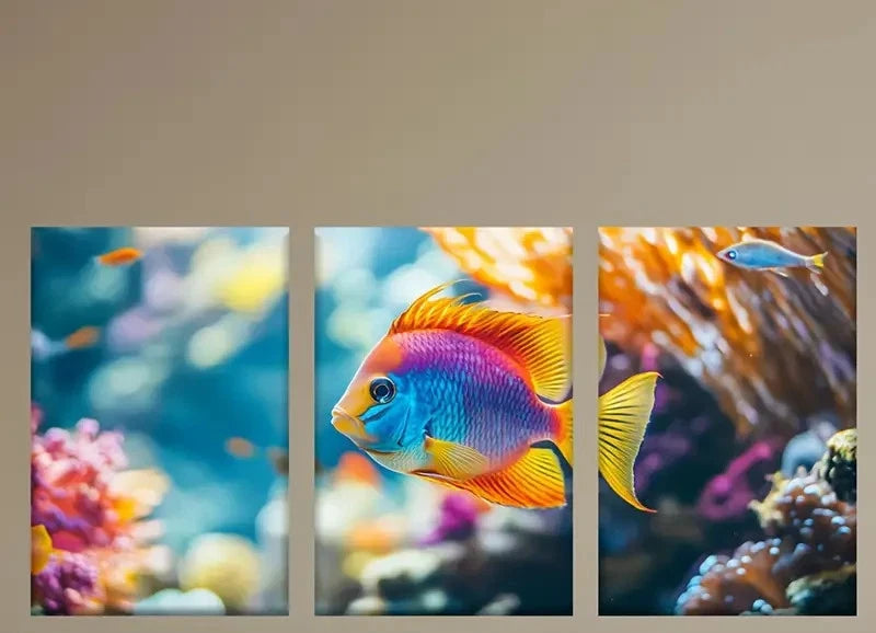 3pcs Tropical Fish in Coral Reef Triptych Metal Print Ready to Hang Art