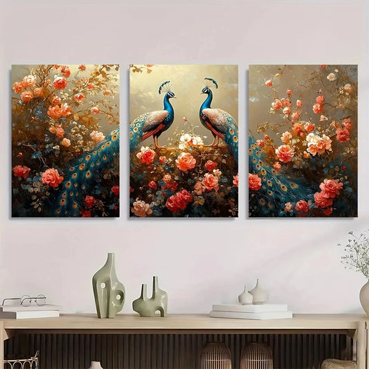 3pcs Vibrant Peacock & Floral Metal Print Ready to Hang Art