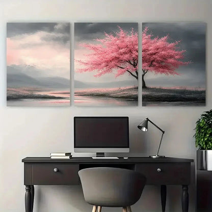 3pcs Serene Pink Blossom Tree Greyscale Design Metal Print Ready to Hang Art