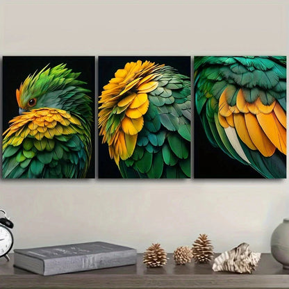 3pcs Parrot With Green Feathers Metal Print Ready to Hang Art
