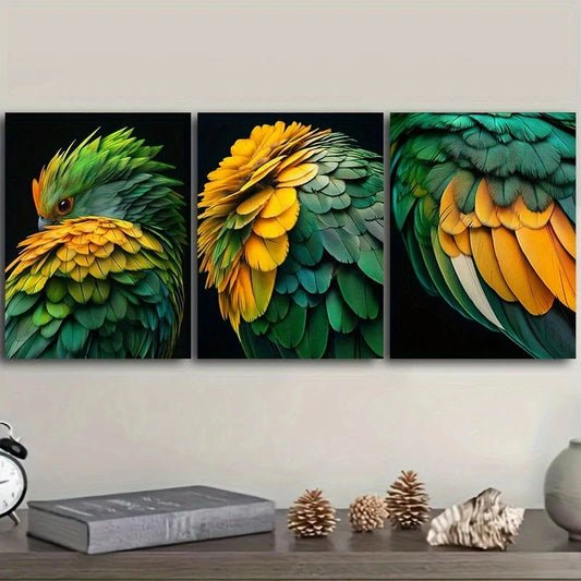 3pcs Parrot With Green Feathers Metal Print Ready to Hang Art