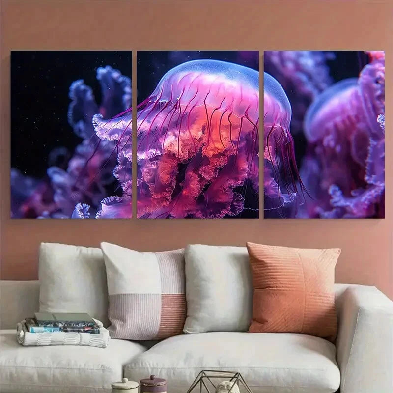 3pcs Purple Pink Jellyfish Macro Photography Metal Print Ready to Hang Art