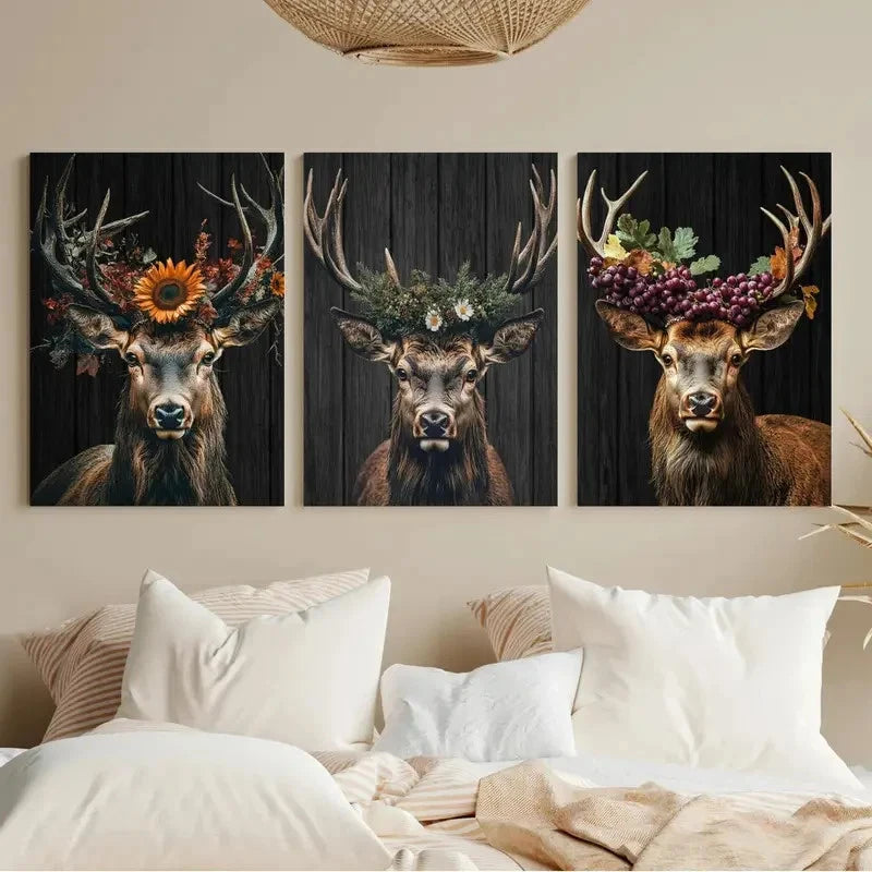3pcs Nature-Inspired Majestic Deer Floral Crown Metal Print Ready to Hang Art