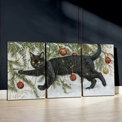 3pcs  Black Cat Entangled In Christmas Decorations  Wall Art Set Canvas Framed 50x70cm -  High Quality Print 100% Australian Made Wall Canvas Ready to Hang - Bella Home Decor