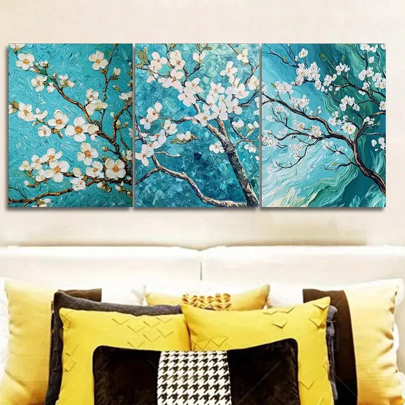 3pcs green and white blossoming Wall Art Set Canvas Framed 60x90cm - High Quality Print 100% Australian Made Wall Canvas Ready to Hang