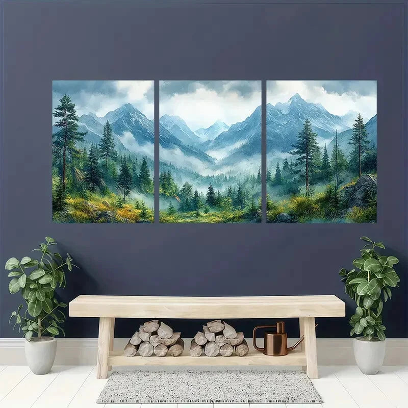 3pcs Misty Pine Trees & Snow-Capped Peaks Metal Print Ready to Hang Art