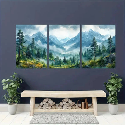 3pcs Misty Pine Trees & Snow-Capped Peaks Metal Print Ready to Hang Art